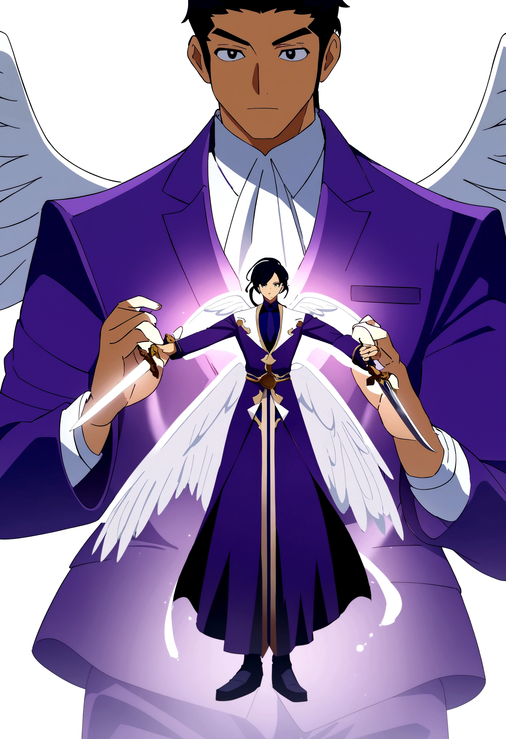 A male angel with long black hair and a purple suit, white wings, holding two swords in his hands, stands on the background of an anime character in full length. The style is anime and cartoon with a white background, 2D flat design, high detail digital art and painting at a high resolution and quality.