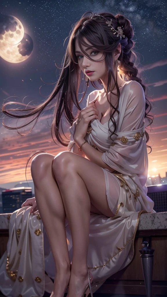 (32k:1.5, Highest quality, masterpiece, Ultra-high resolution), Professional camera work:1.6, Highly detailed skin and face textures:1.3, Captivating portrait:1.2, Very accurate, Very detailed, 1 adult female, ((Amazing night view from the rooftop:1.4, The moonlight at night illuminates my body)), (Satin Nightgown:0.7), Incredibly slim body, Sensual sitting position, sense of loss, Sadness, Expressions of sadness, (Big eyes that exude beautiful eroticism:0.4, A dreamy look:1.0, I love you with all my heart:0.8, Open your mouth a little, lipstick, Feel the beautiful eroticism:0.9), (Wet dark brown medium length hair), Candles, The chest is medium, Earrings, necklace, bracelet, (romantic, mysterious), Fair skin, elegant, Object of admiration, original, dramatic, Artistic, Innovative, Charm, Heartful, Fancy, sense of openness, sense of cleanliness, Special, exciting, Extreme, Tilt, ((Adult charm, Feminine charm, Hair blowing in the wind)