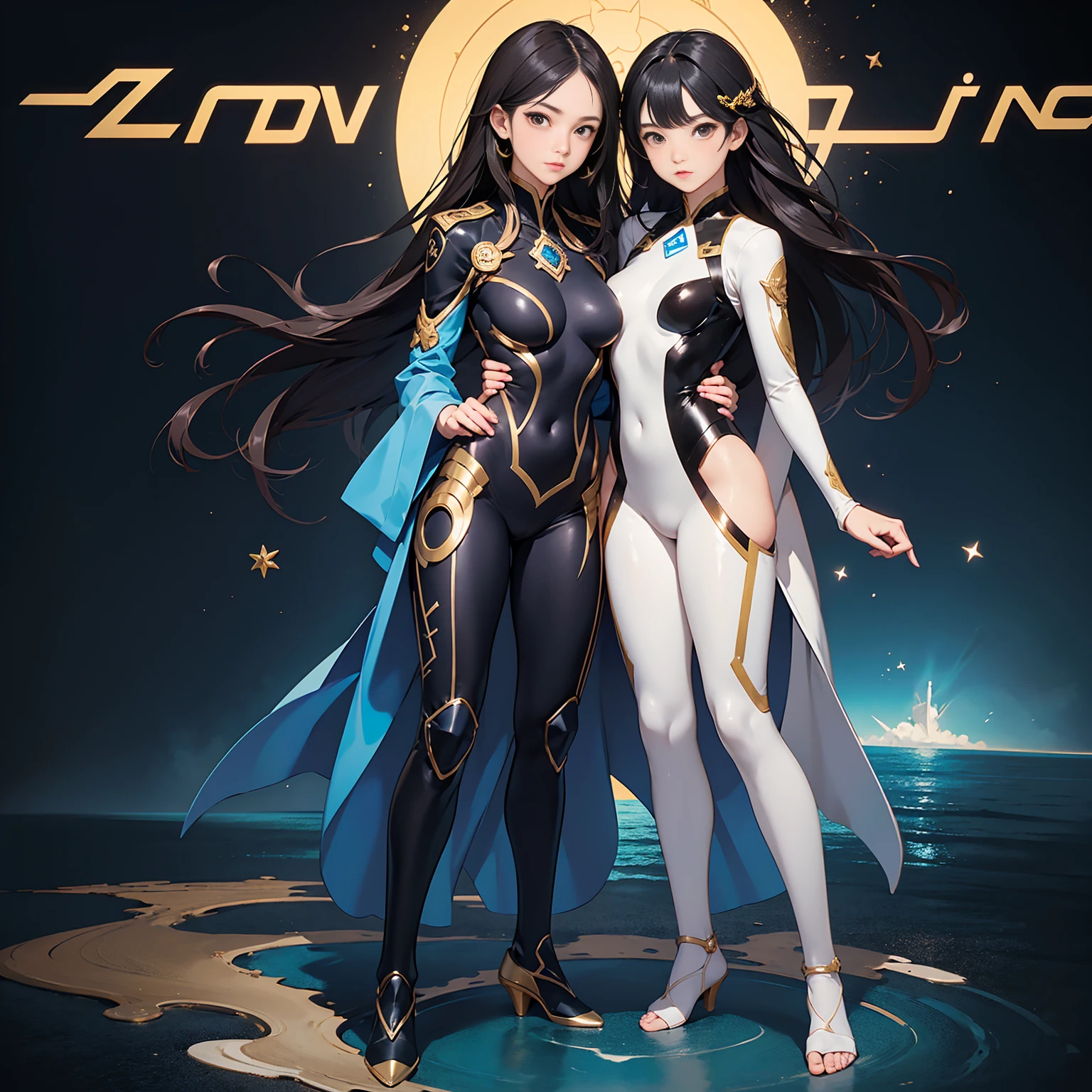 ((Full body photo, standing, feet on the floor)) 2girls, highest quality、Realistic、female、Japanese、zoom、cute、Brown eyes、Black Hair、long hair、Blue hero suit、Gold accents on suits、Shiny bodysuit、Ocean