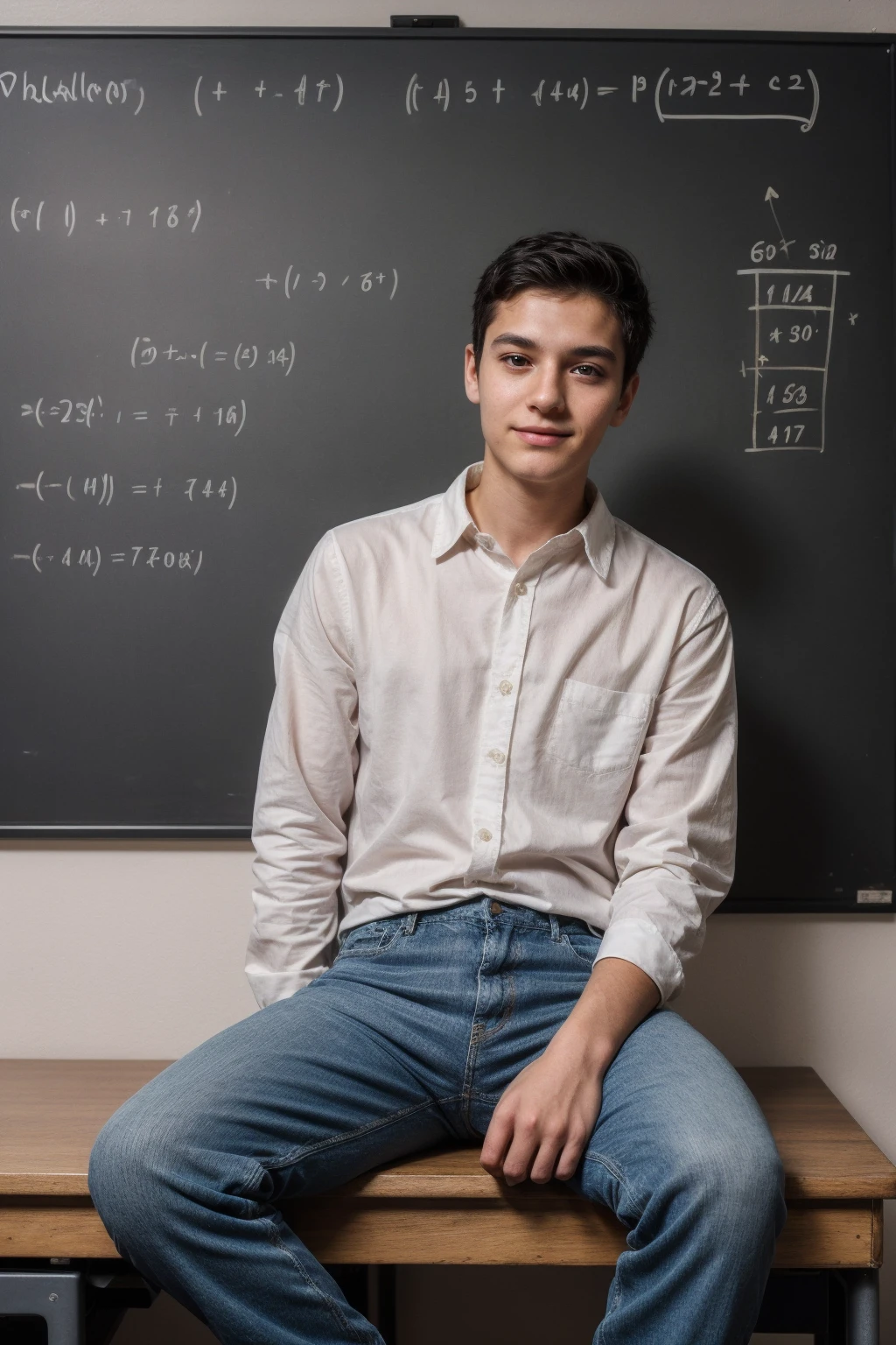 A beautiful, twinkling young man, a cute male with black hair. He is wearing a white long-sleeved shirt and blue jeans. He is sitting in his office, and behind him is a blackboard with calculus and mathematical equations written on it. He looks on with pride. He is a genius philosopher in mathematics.