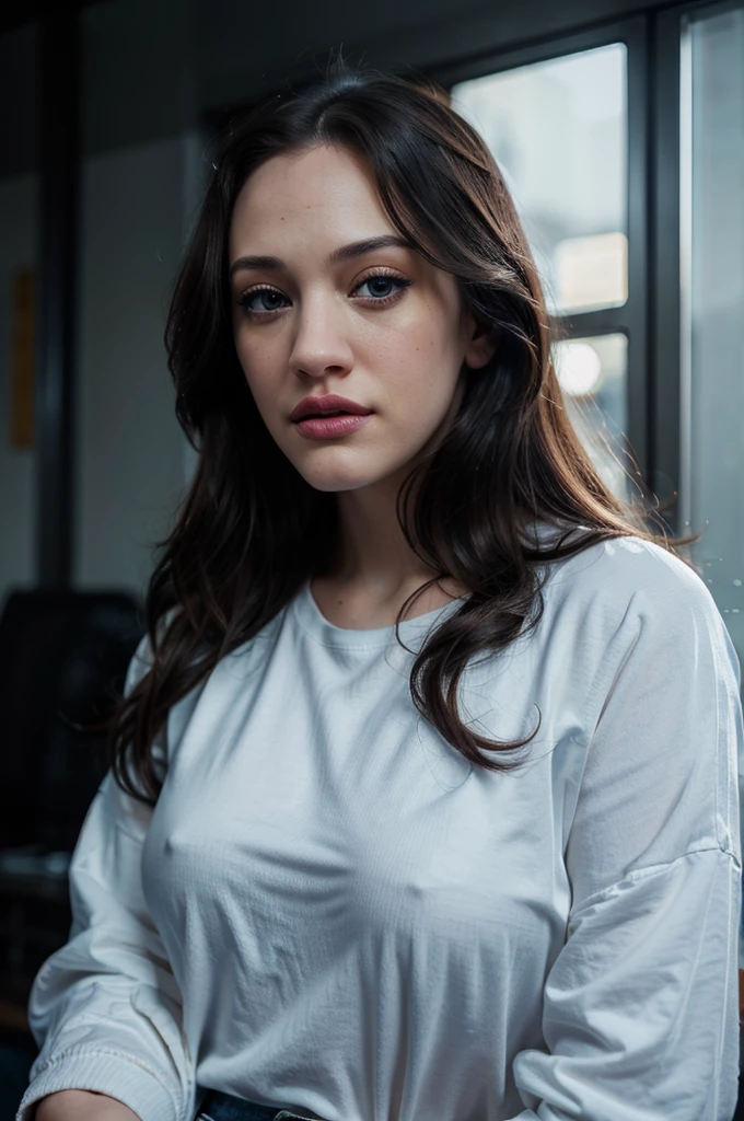 Kat Dennings, beautiful detailed eyes, beautiful detailed lips, extremely detailed eyes and face, long eyelashes, black jacket, white t-shirt, blue jeans, cinematic lighting, high quality photo, photorealistic, professional, sharp focus, vivid colors, dramatic
