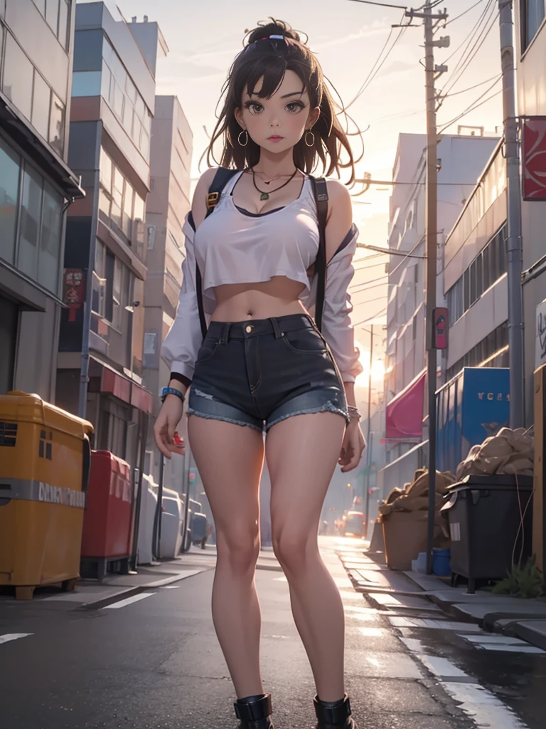 (1 girl, solo),Best quality, full body portrait, delicate face,brown long hair, bob haircut, forehead, 18 year old girl, slim figure, huge bust, loose oversized u-neck crop top full sleeved shhirt, cleavage,(under boobs:1.4), crotch gap, cameltoe, over shirt shorts, seen string of bikini bottoms, sunset bridge, vintage vespa behind, scene, standing tall, long leg , necklace, rings, earrings, bracelet, watch, open legs, araffe woman in shorts and a white top walking down a street, photorealistic perfect body, anime girl in real life, realistic anime 3 d style, sexy girl wearing shorts, at a city street, hyperrealistic full figure, bra and shorts streetwear, beautiful model girl, cyberpunk 2 0 y. o model girl, fashion model, hyper realistic anime, small waist, naval piercing, bellybutton pierced, nightlife,visible bra,denim shorts,tight ass, slutty,at night photo, night photography,brown hair(night outdoors)