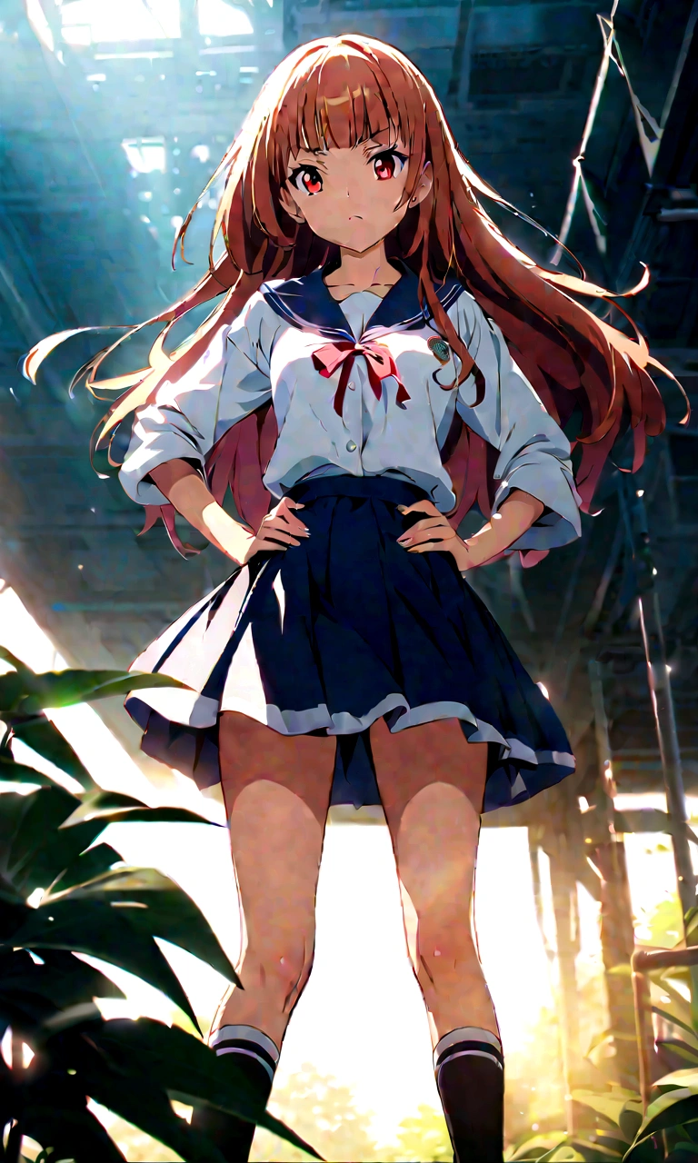 My hair is fluttering in the wind、White background、high school girl、Knee-high socks、Thigh-high socks、Background white、Semi-long hair、whole body、Standing with your legs apart、Red Eyes、Displeased、to point at、Hands on hips、真summer、summer、Sunshine、Spiteful eyes、、Black Hair、blunt bangs、White shirt,1 girl, 2D CG, Advanced digital anime art, anime character