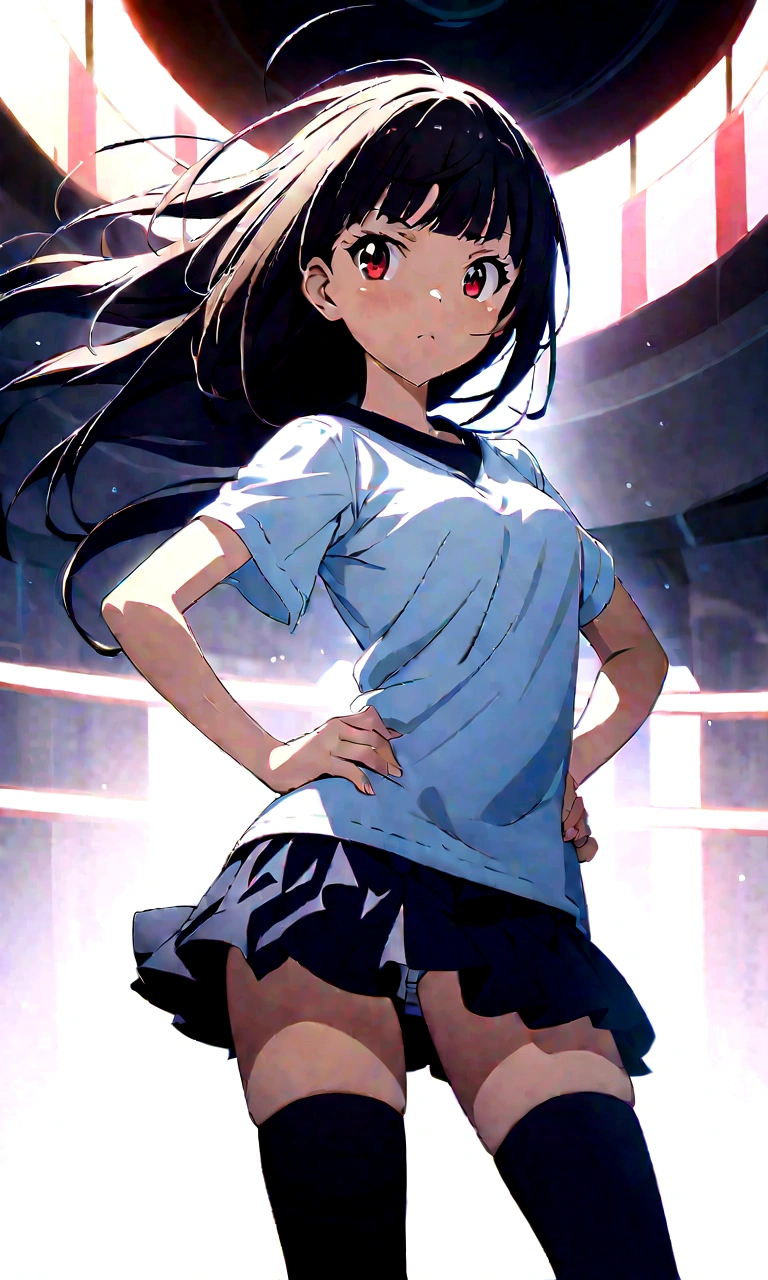 My hair is fluttering in the wind、White background、high school girl、Knee-high socks、Thigh-high socks、Background white、Semi-long hair、whole body、Standing with your legs apart、Red Eyes、Displeased、to point at、Hands on hips、真summer、summer、Sunshine、Spiteful eyes、、Black Hair、blunt bangs、White shirt,1 girl, 2D CG, Advanced digital anime art, anime character