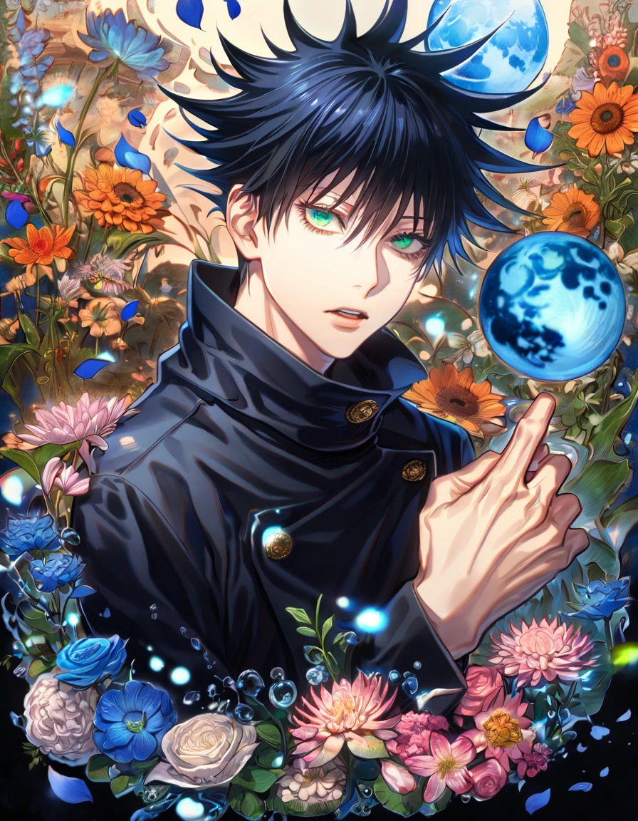 absurdres, highres, ultra detailed, HDR, master piece, Fushiguro Megumi, black hair, expressive green eyes, black shirt, Jujutsu Kaisen, sexy man, handsome, best quality, blue moon, flowers, fantasy, magical, solo, water, blue shining fireflies, blue petals, Jujutsu Kaisen uniform,