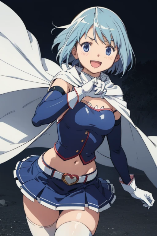 skirt, gloves, white gloves, :d, midriff, belt, cape, magical girl, armband, thighhighs, belt, white thighhighs, zettai ryouiki, white cape