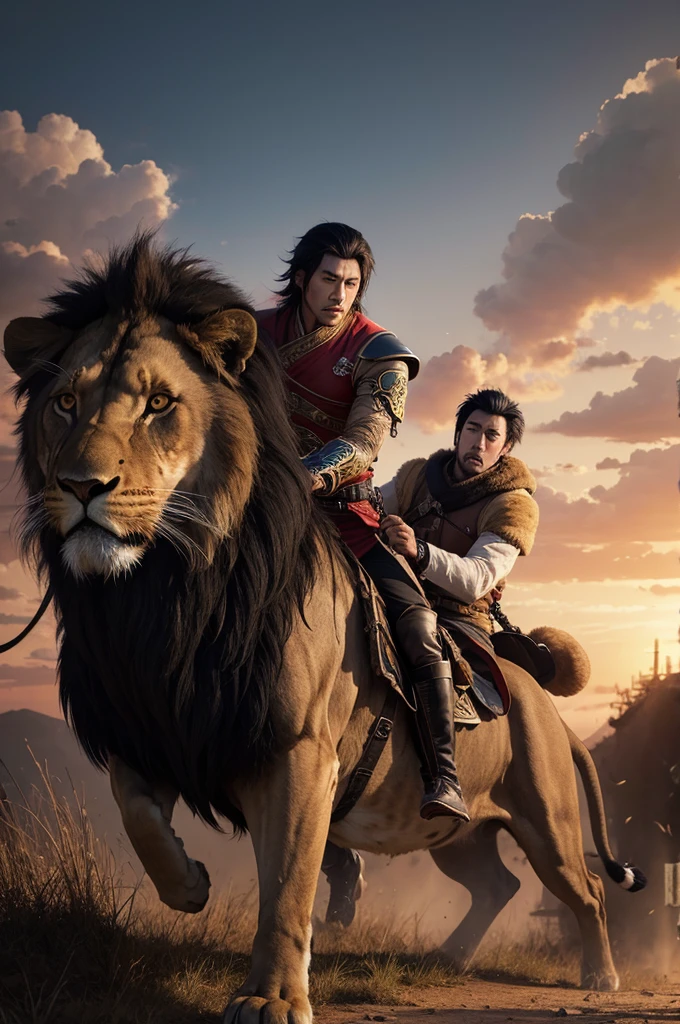 black male,Hunter,Cao Cao,shorth hair,killing a lion