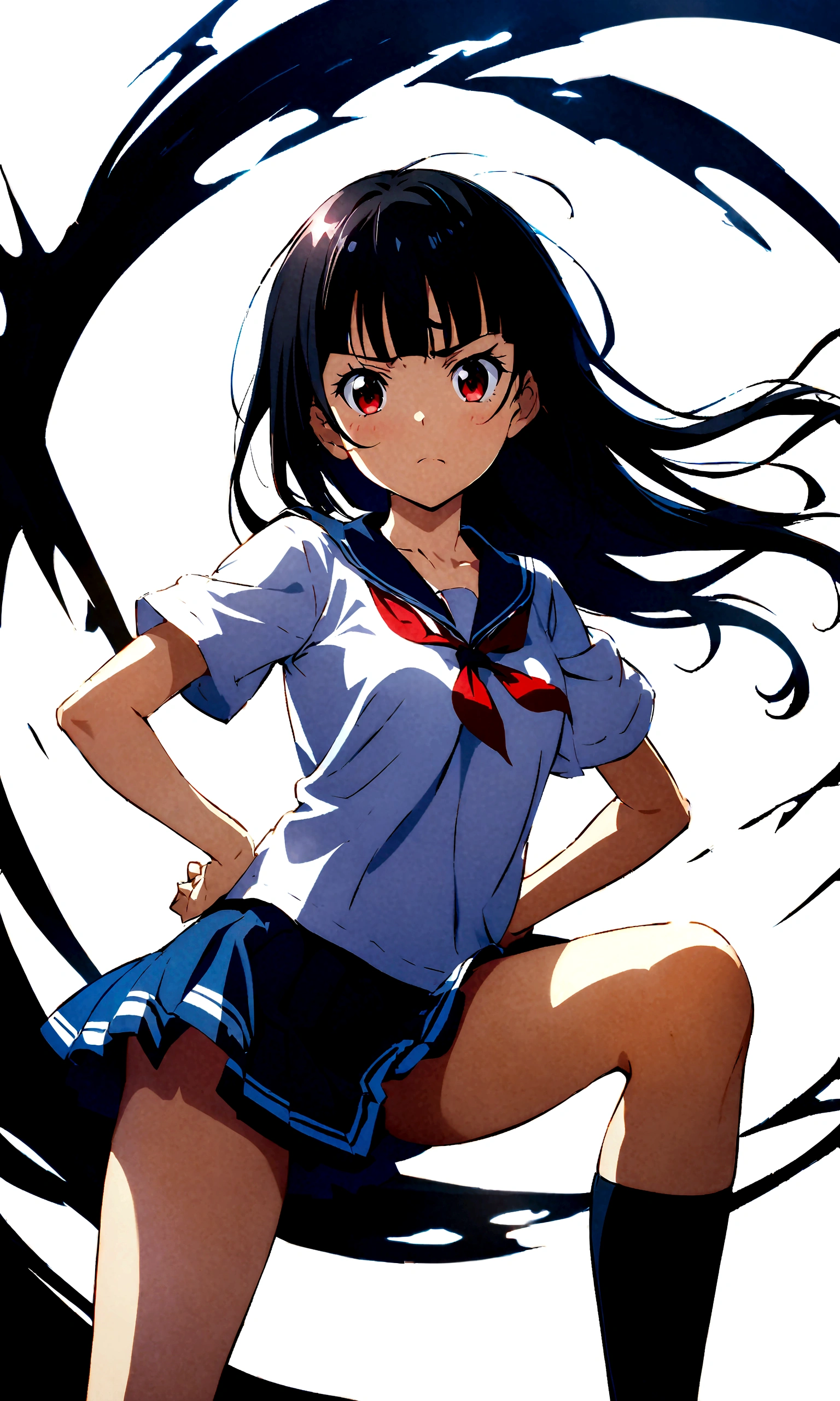 White background、high school girl、Knee-high socks、Thigh-high socks、Background white、Semi-long hair、whole body、Standing with your legs apart、Red Eyes、Displeased、to point at、Hands on hips、真summer、summer、Sunshine、Spiteful eyes、、Black Hair、blunt bangs、White shirt,1 girl, 2D CG, Advanced digital anime art, anime character