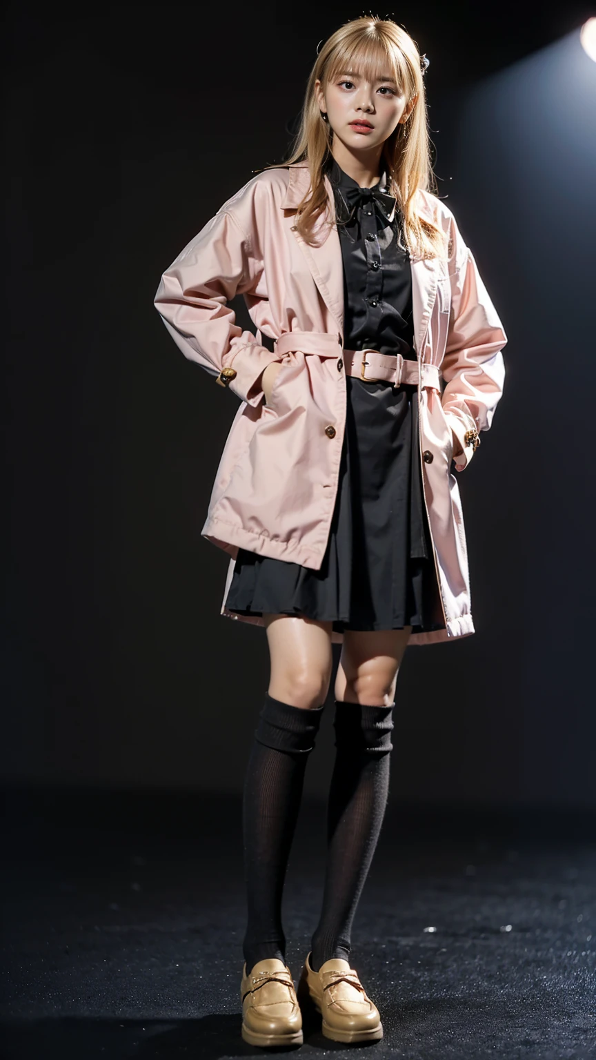 (8K、RAW Photos、Highest quality、masterpiece:1.2)、(Realistic、Realistic)、1 Girl、((Pink Coat、Black mini dress、whole body、Knee socks、loafers、stage、chest emphasis、whole body、View from the front、Ribbon on chest、Looking into the camera、Blonde、belt、Stand with hands on hips))、