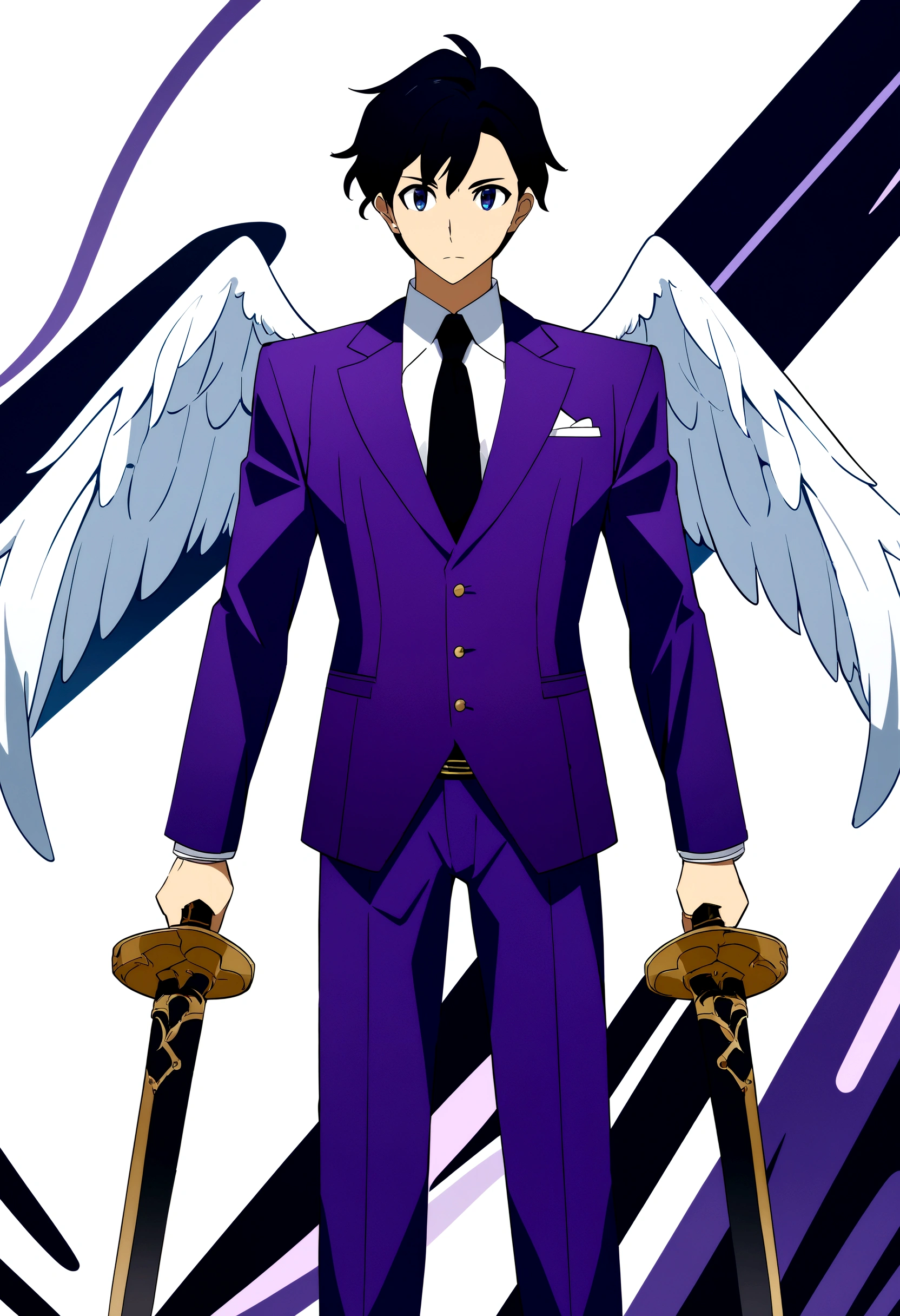 A male angel with long black hair and a purple suit, white wings, holding two swords in his hands, stands on the background of an anime character in full length. The style is anime and cartoon with a white background, 2D flat design, high detail digital art and painting at a high resolution and quality.