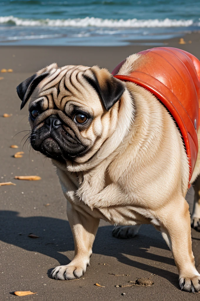 a pug, with the body of a red crab