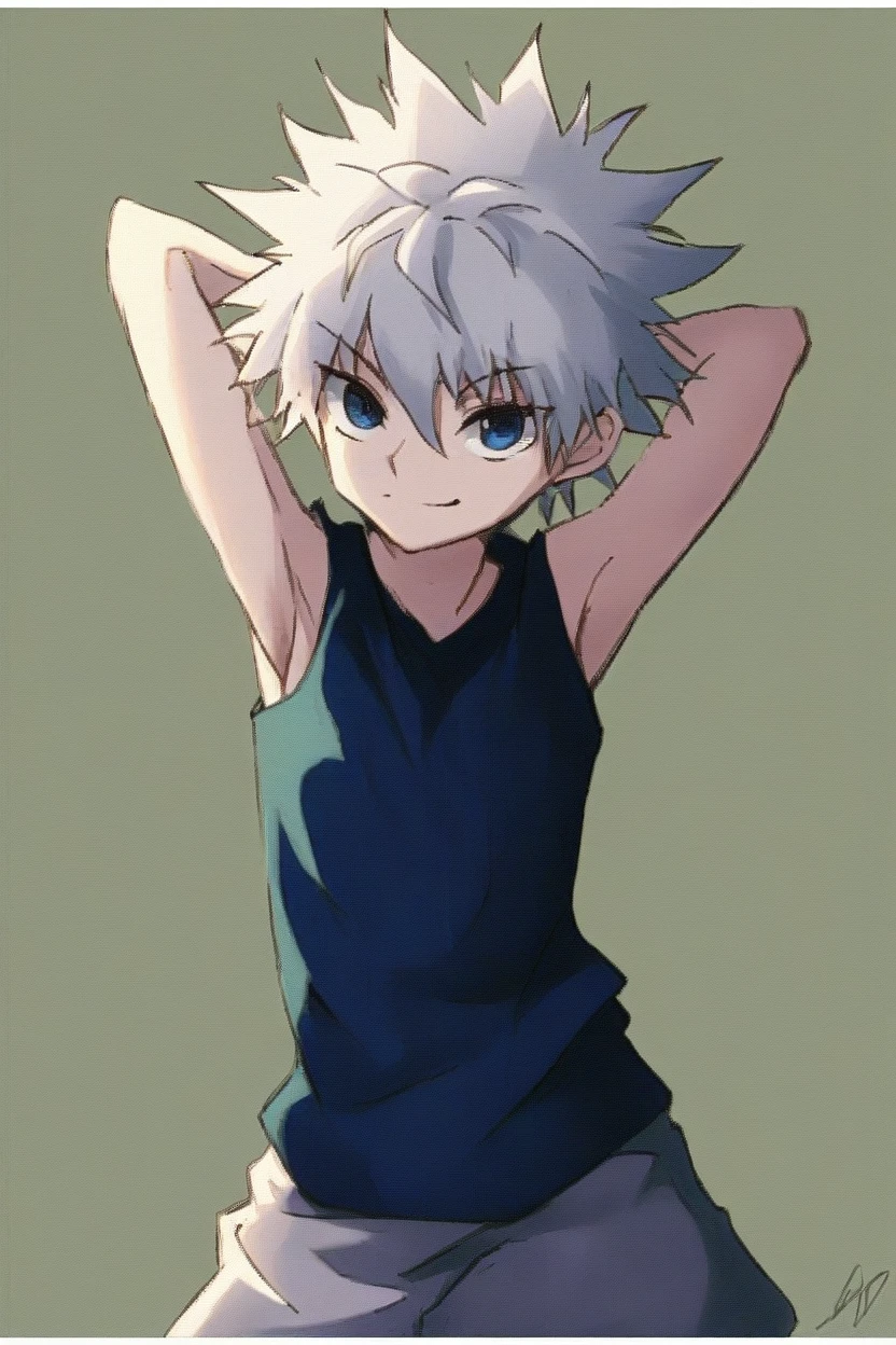 killua_zoldyck, 1boy, solo, short hair, bangs, blue eyes, simple background, , , hair between eyes, closed mouth, upper body, white hair, , male focus, shorts, arms up, ,, , border, spiked hair, arms behind head, yellow background, , green background, male, score_9, rating_safe ,Wearing sleeveeless,Showing armpits,smirk