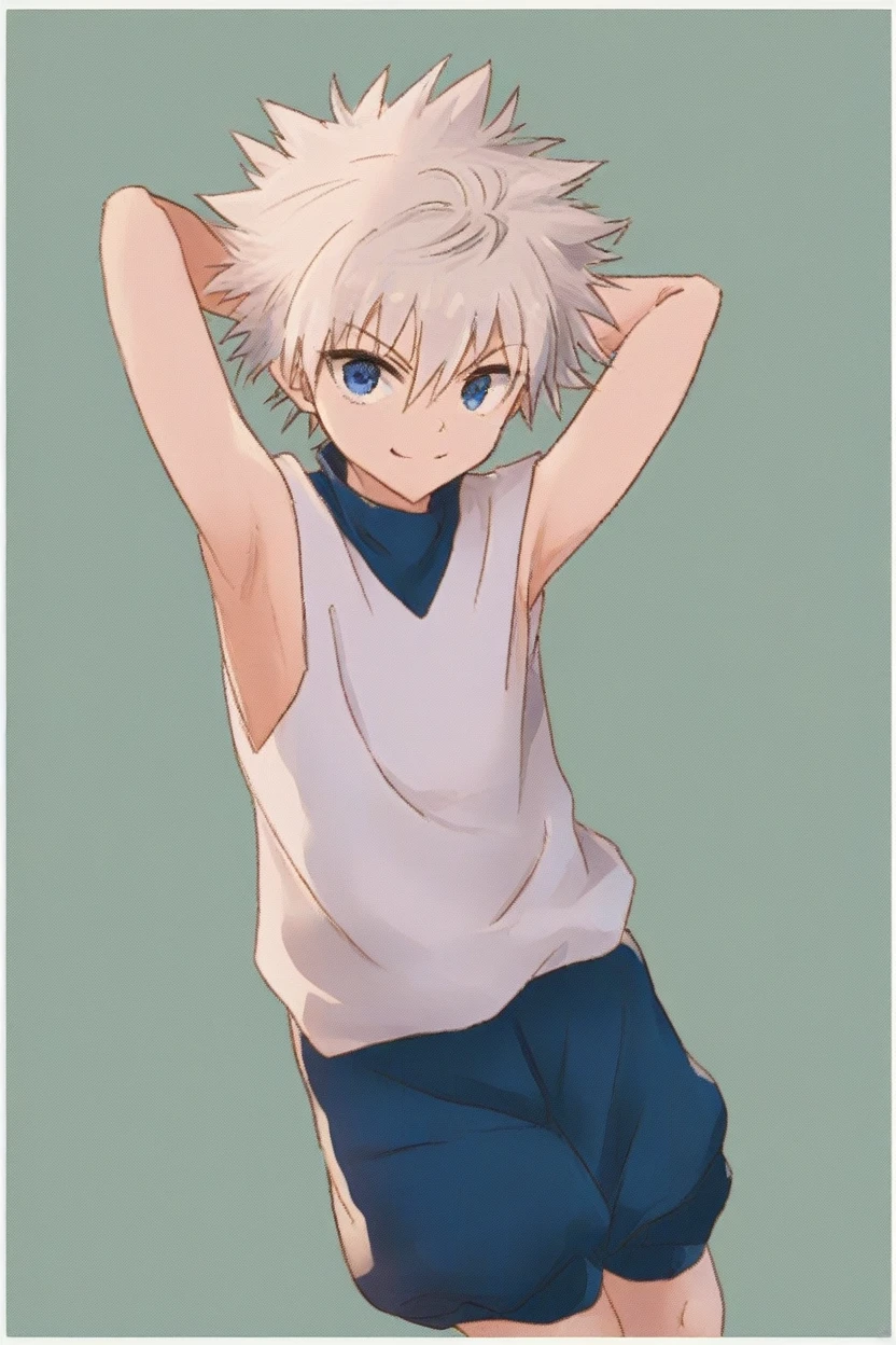 killua_zoldyck, 1boy, solo, short hair, bangs, blue eyes, simple background, , , hair between eyes, closed mouth, upper body, white hair, , male focus, shorts, arms up, ,, , border, spiked hair, arms behind head, yellow background, , green background, male, score_9, rating_safe ,Wearing sleeveeless,Showing armpits,smirk