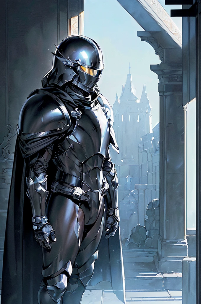 (masterpiece; best quality: 1.2), (full-armored man)), ((solo)), (hollow visor: 1.4), (body; muscular, large, masculine: 1.3), (beautiful and clear background: 1.2), ((depth of field)), (equipment: all-black full plate armor + lowered visor helmet + long black cape: 1.3), (anime illustration: 1.2), (background composition; fantasy castle corridor + furniture: 1.1), (shot composition; standing + centered on torso + close-up: 1.5)
