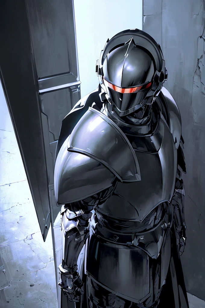(masterpiece; best quality: 1.2), (full-armored man)), ((solo)), (hollow visor: 1.4), (body; muscular, large, masculine: 1.3), (beautiful and clear background: 1.2), ((depth of field)), (equipment: all-black full plate armor + lowered visor helmet + long black cape: 1.3), (anime illustration: 1.2), (background composition; fantasy castle corridor + furniture: 1.1), (shot composition; standing + centered on torso + close-up: 1.5)