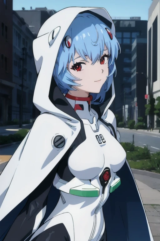 masterpiece, best quality, 1girl, ayanamirei, plugsuit, interface headset, looking at viewer, light smile, city park, upper body, arms_behind_back, hooded white cloak, white and black cape