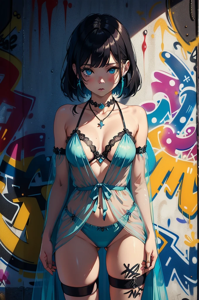 masterpiece, Highest quality, 1 Girl, Lonely, Top of the crop, Denim shorts, necklace, (graffiti:1.5), Paint splashes, Put your hands behind your back, Against the wall, Looking at the audience, Armband, Thigh straps, Body Paint, Tilt your head, boring, Colorful Hair, Aqua Eye, earphone,(masterpiece:1.5)、(Highest quality:1.5)、(8K:1.2)、(Very detailed:1.2)、(practical:1.2)、(Ultra-high resolution:1.2)、(Highly detailed and practical skin:1.2)、(The eyes are very detailed、clean:1.2)、(Girl trapped in the basement.:1.5)、(Violent sexual acts with multiple men:1.6)、(Overflowing love juice:1.4)、(When the hiccups stop:1.5)、rest、(Slim 10 year old girl:1.3)、(Beautiful eyeliner)、(Beautiful eyeshadow)、Natural lips、rest、(Sheer tulle robe:1.6)、(Transparent nightgown::1.5)、(There's nothing under the robe.:1.6)、(The robe fits snugly to the body:1.6)、(极度Transparent nightgown,You can see every part of the body:1.6)、rest、(Long black hair covering one eye.:1.3)、(Flat Chest:1.5)、(I'I抽搐:1.6)、(blush:1.2)、(Ecstasy:1.6),(Last:1.2),(Vulgar:1.2),(fool:1.2),(vapor:1.2),(trembling:1.8),(tears:1.2),(Drooling person:1.5),(Sweat:1.4),(Rolling your eyes:1.6)、(Exposing private parts of the body:1.6)、(Exposed breasts:1.5)、(Nipple exposure:1.5)、(Exposing the breasts:1.5)、(Show all breasts:1.5)、(Exposed breasts:1.5)、(Nipple exposure:1.5)、(Nipple exposure:1.6)、(The clothes are very thin:1.5)、(This dress fits perfectly:1.5)、(Exposed breasts:1.5)、(naked:1.5)、(No clothes:1.6)、(naked体:1.5)、(pink breasts:1.5)、(Pink Genitals:1.5)、(Exposed genitals:1.5)、(naked头:1.5)、Already used:1.6、满地都是Already used套套:1.5、The ground is full of dirty white fluids:1.8