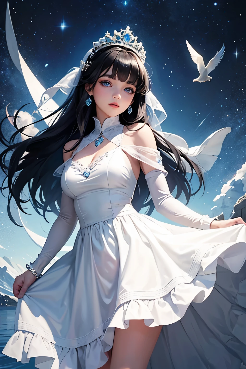 A beautiful young princess with black hair and blue eyes., she is wearing her beautiful long white dress
