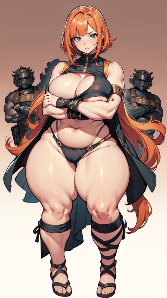 (masterpiece), best quality, female warrior, huge girl, female muscular:1.2, hair over one eye, ginger hair, massive breast, curvy, ((thick thighs:1.5)), (((blank background))), ((full body)), fingerless gloves, sandals, sleeveless, covered nipples, (underboobs:1.3), medium hair, thin hair, (crossed arms), tshirt top