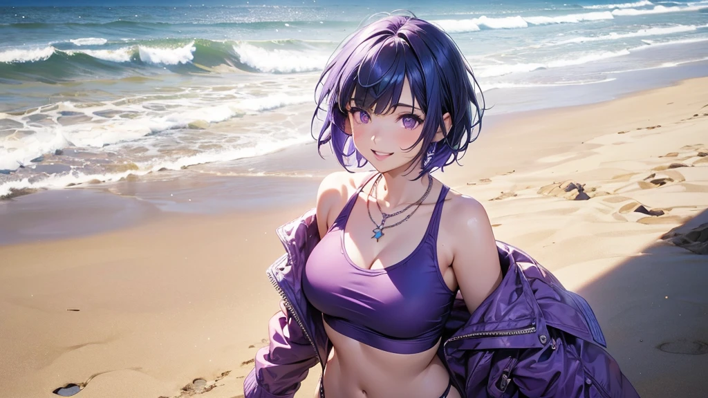 1girl, bangs, blue hair, necklace, parted lips, purple eyes, short hair, smile, solo, two piece purple swimsuit, sandy pier background, walking,