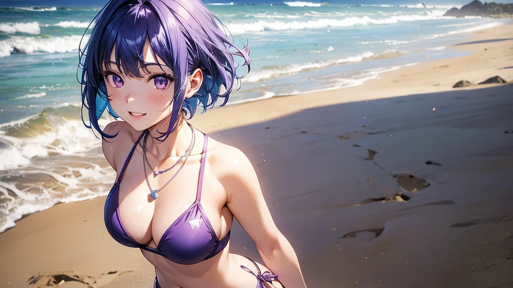 1girl, bangs, blue hair, necklace, parted lips, purple eyes, short hair, smile, solo, two piece purple swimsuit, sandy pier background, walking,