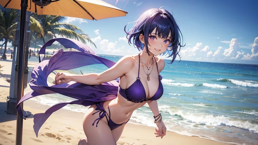 1girl, bangs, blue hair, necklace, parted lips, purple eyes, short hair, smile, solo, two piece purple swimsuit, sandy pier background, walking, 