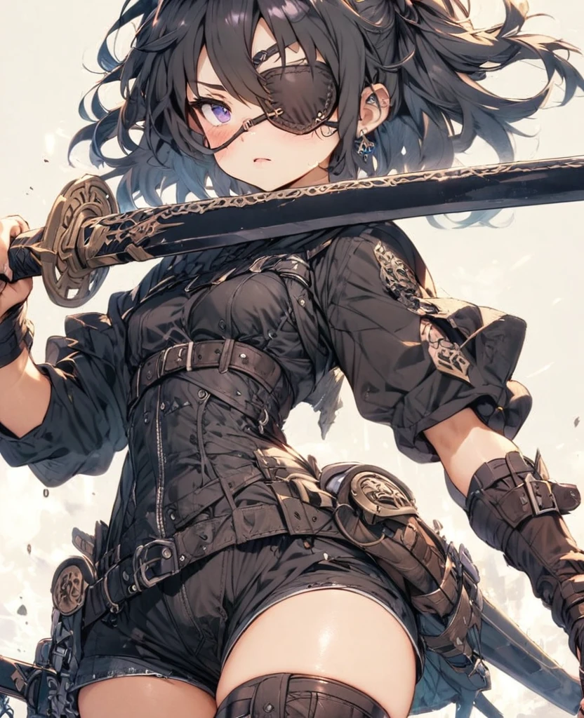 Black Hair　Tolerate　Eye patch　Short Sword　Thighs　Black clothes　Petite