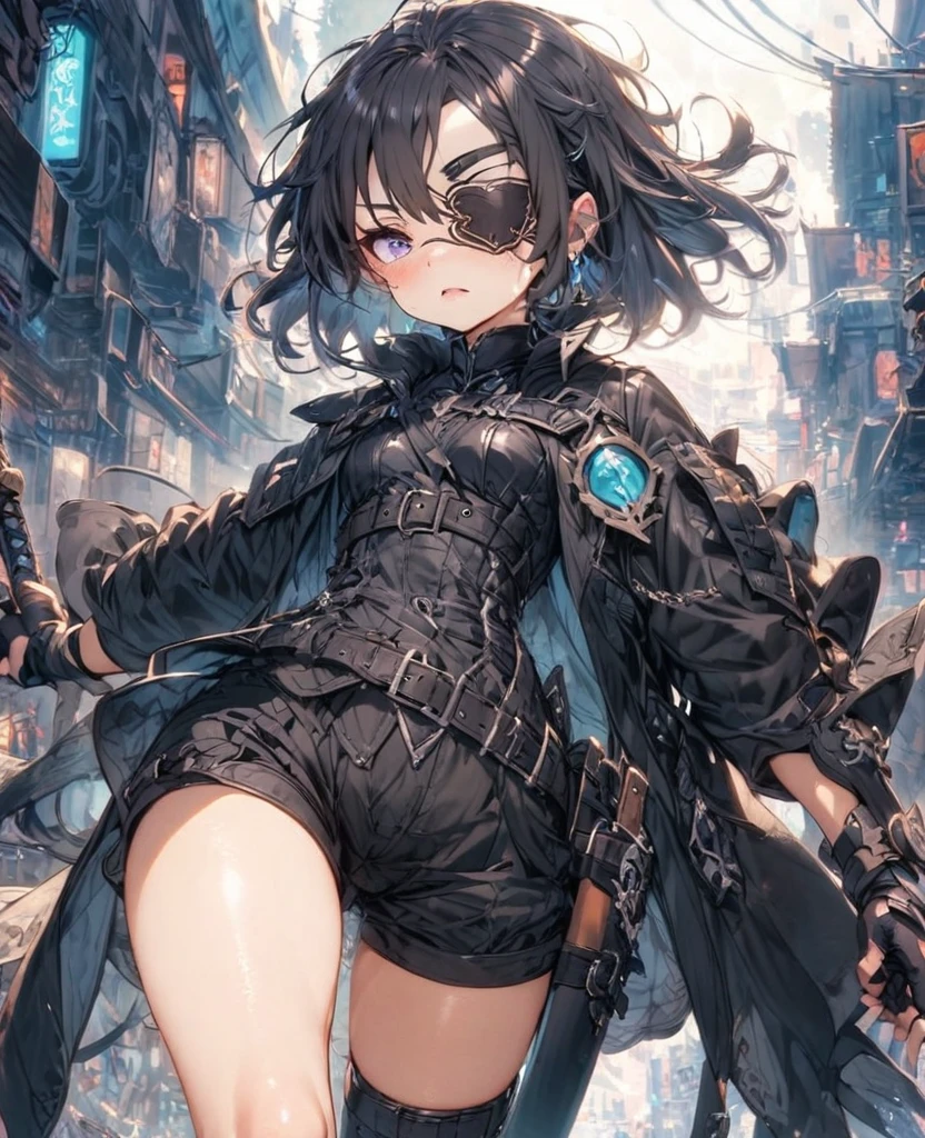 Black Hair Tolerate Eye patch Short Sword Thighs Black clothes Petite