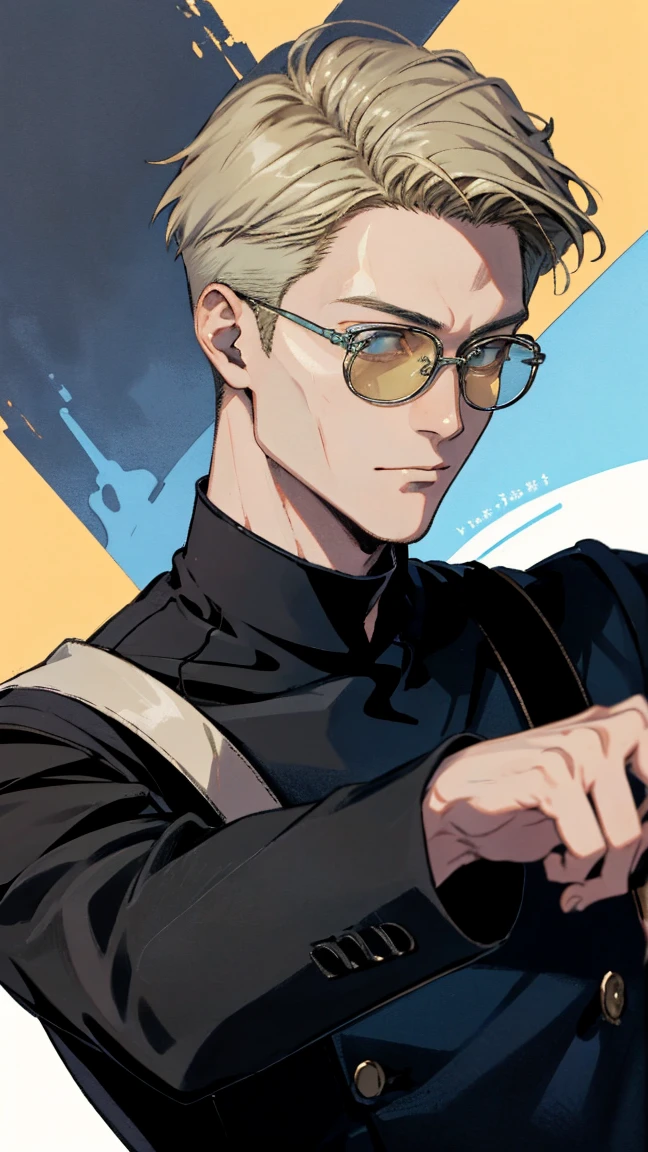 Realist,(masterpiece,Ariba Quality,Highest quality,Official Art,beauty:1.2),He is very knowledgeable,Fractal Art,color,More detailed,Tangled,(Abstract background:1.5)(1:1.3),Nanami,Light blonde hair,Short detailed hair,(Blue Sunglasses ,Tall and strong,青いシャツと黒い斑点のある黄colorのネクタイ,Avistic,(Posing with glasses),Handsome