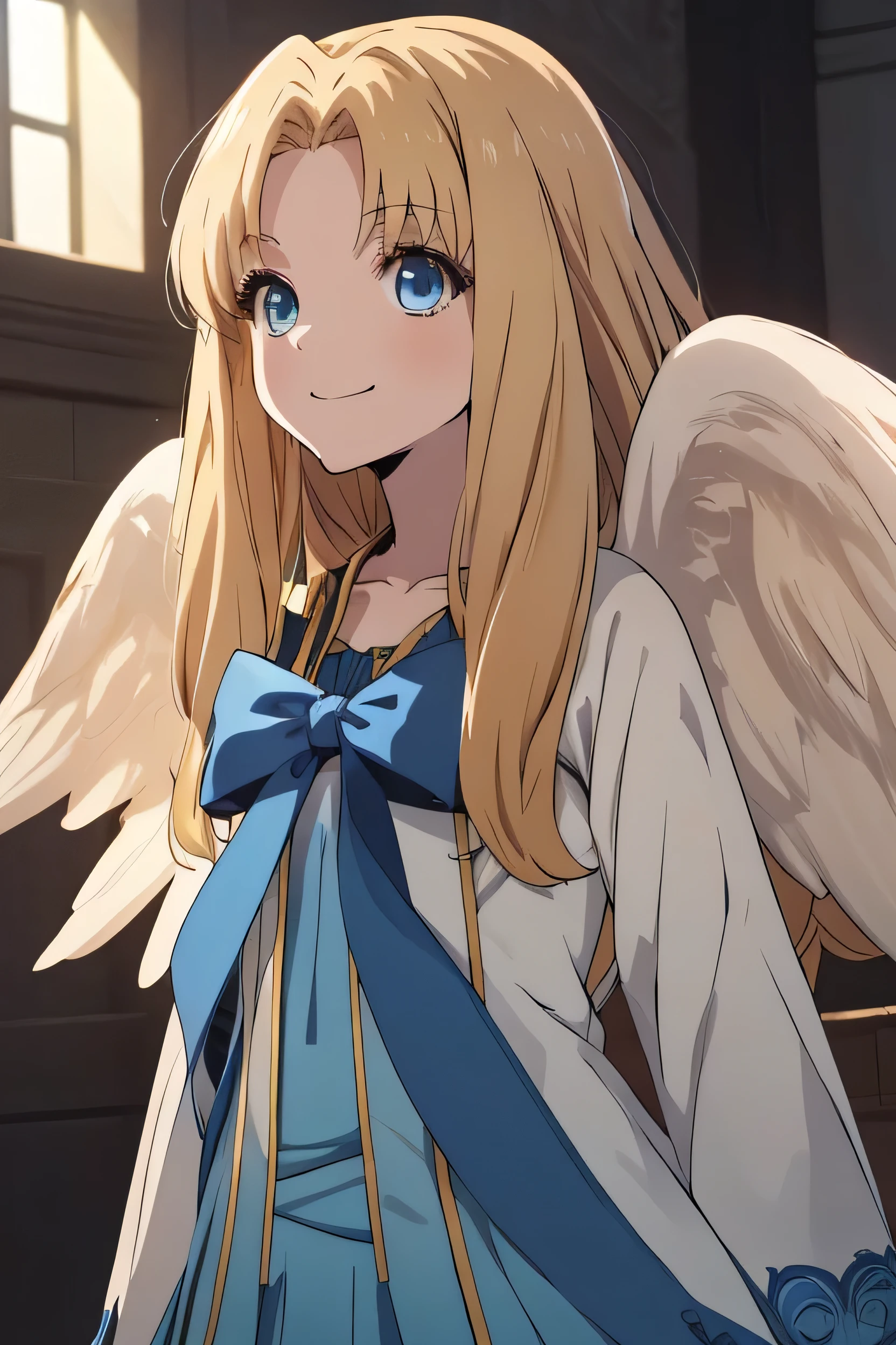 Anime style girl, Upper Body, One girl, alone, Happy, White Wings, Height Dress, Blue ribbon, Long Hair, blue eyes, View your viewers, Parted bangs, Put your arms behind your back, Highest quality, High resolution. (Beautiful details:1.6), Highly detailed face, Perfect lighting, Extremely detailed CG, (Perfect hands, Perfect Anatomy),
