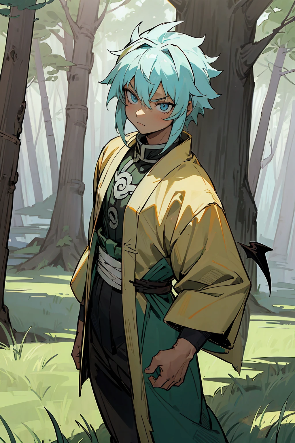 ((masterpiece,best quality,1boy,male focus,masculine,solo,closed mouth,teenager,muscle,muscular)),(white hair,short messy hair),((pale blue eyes,perfect eyes,glowing eyes,perfect face,serious demeanor)),(((dark skin color,standing still,caramel skin color,multicolored haori, white haori, black haori, demon slayer outfit))), ((forest background,trees, walking on path,grass))