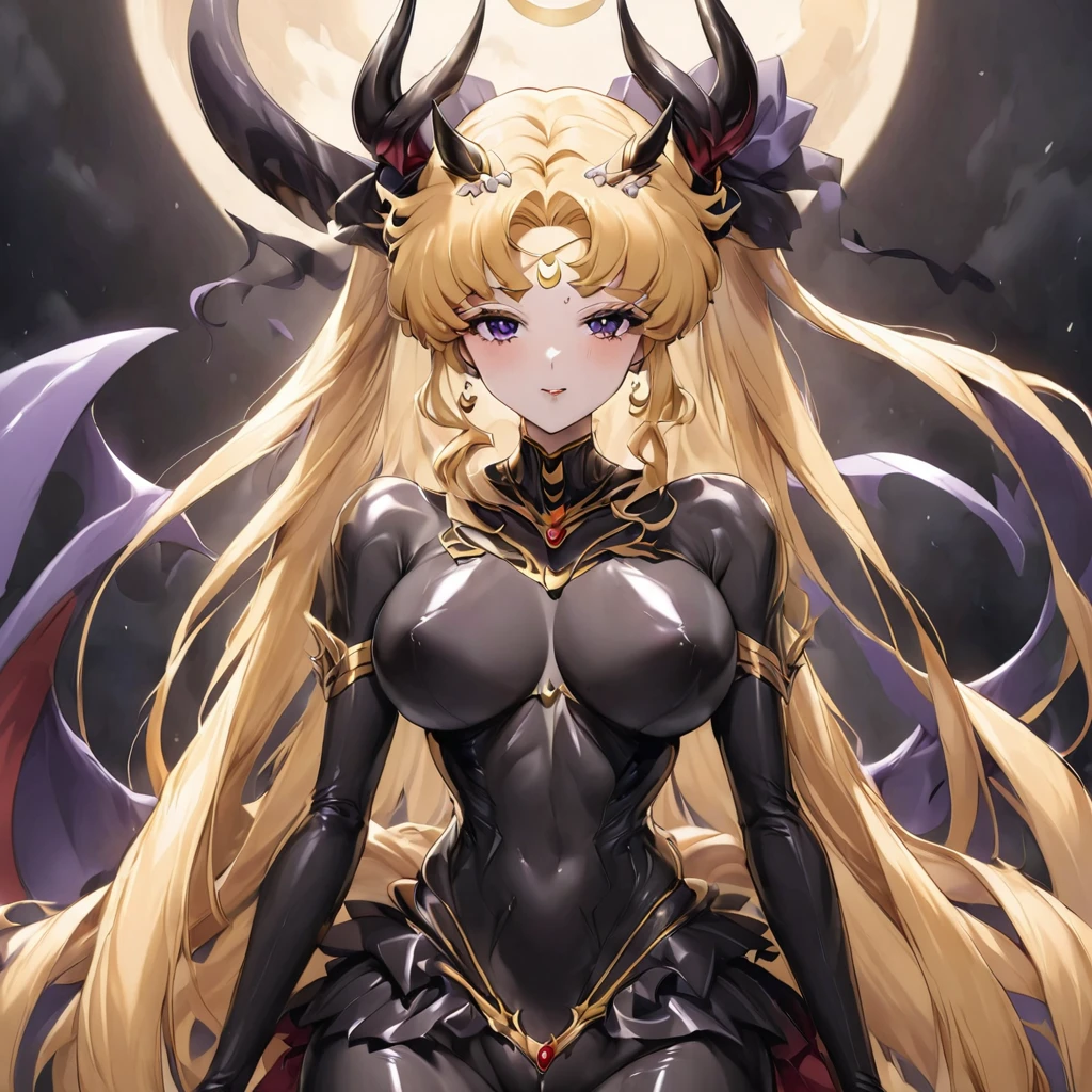 ((Highest quality)), ((masterpiece)), (detailed), (Perfect Face)、A girl who looks just like the female Devil Queen Serenity3People lined up to embrace and snuggle with Devil Queen Serenity, who in turn embraced and snuggled with the majestic and powerful Demon King.、The woman is naked and is the bride of the Demon King, the Dark Queen of the Black Moon Clan, the Demon Queen, Devil Queen Serenity, and is wearing a shiny black full-body bodysuit decorated with gold, a sexy female demon with jet-black skin, Devil Queen Serenity.、The woman is a jet-black female demon with magnificent devil horns, jet-black devil wings, and a jet-black tail. Her skin is jet-black, and she has a black inverted crescent moon mark on her forehead. She is the jet-black demon Devil Queen Serenity, and has blonde hair.2The expression of a girl in love with her long hair tied up、Woman is Devil Queen Serenity