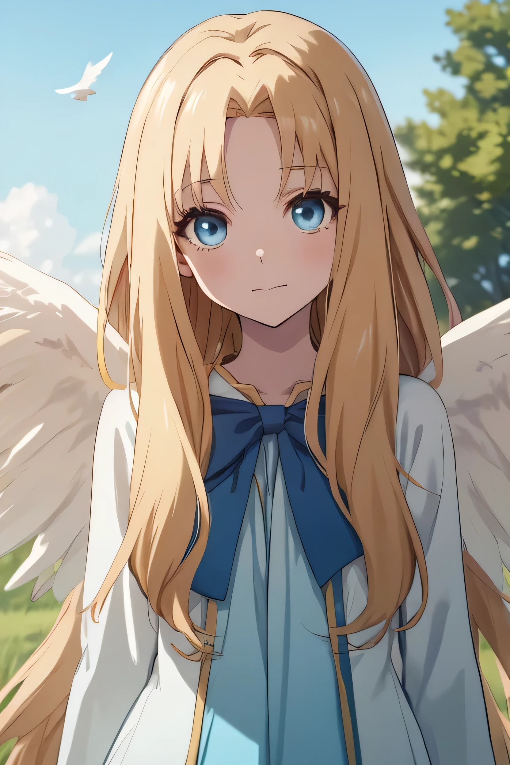 Anime style girl, Upper Body, One girl, alone, Outdoor, Day, cloud, blue sky, Happy, White Wings, Height Dress, Blue ribbon, Long Hair, blue eyes, View your viewers, Parted bangs, Put your arms behind your back, Highest quality, High resolution. (Beautiful details:1.6), Highly detailed face, Perfect lighting, Extremely detailed CG, (Perfect hands, Perfect Anatomy),
