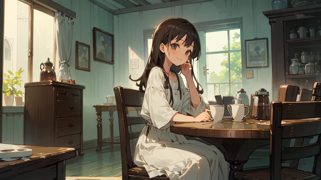Stylish cafe、Anime Style、Freshly Brewed Coffee、Delicious looking baked goods、Relaxed atmosphere、Cozy atmosphere、Beautiful girl with dark hair sitting and drinking coffee、Wearing a dress、smile、Warm Light、avert your eyes、Ghibli style