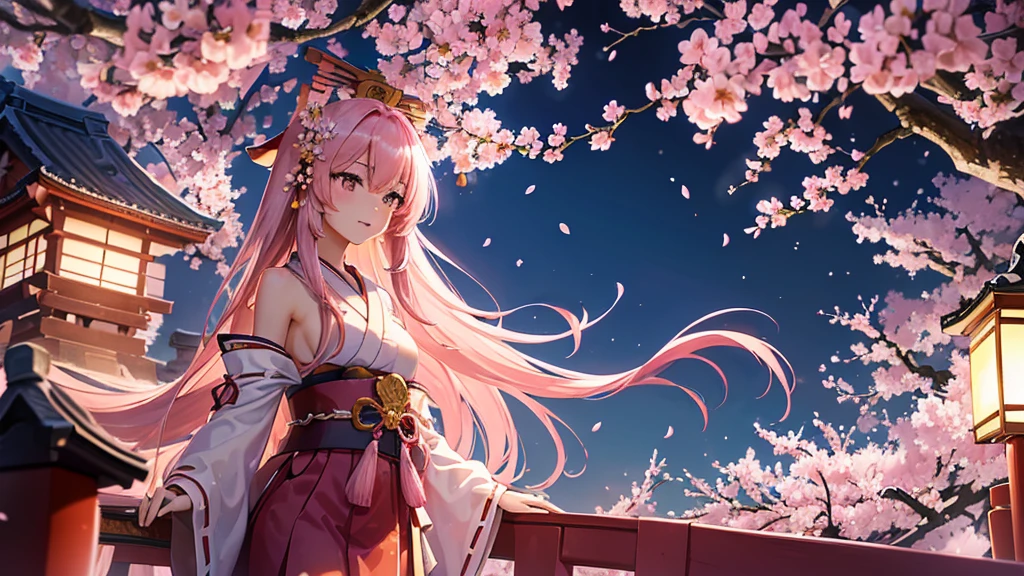 ((high resolution, pink hair, long hair, shrine maiden)) ((mystical, cherry blossoms, butterfly, night, Japanese style, shoulder, shining aura)) (prayer, dance), moon, stars, spring