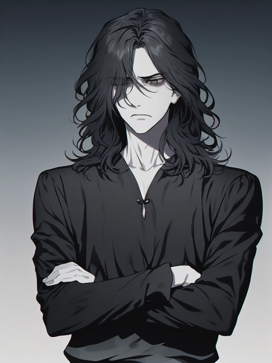 Solo, male, dark medium hair, gray eyes, moody, crossing arms, not happy, gradient background, pale skin