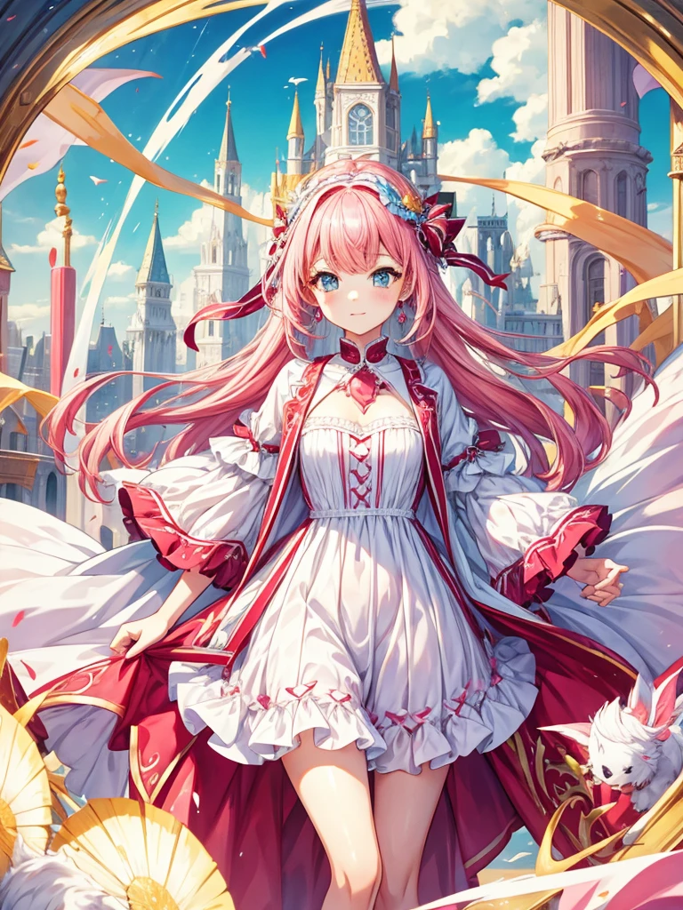 fantasy world girl with colorful hair, accessories, detailed clothes, pink hair, white and red clothes, short dress