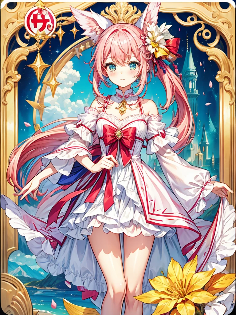fantasy world girl with colorful hair, accessories, detailed clothes, pink hair, white and red clothes, short dress