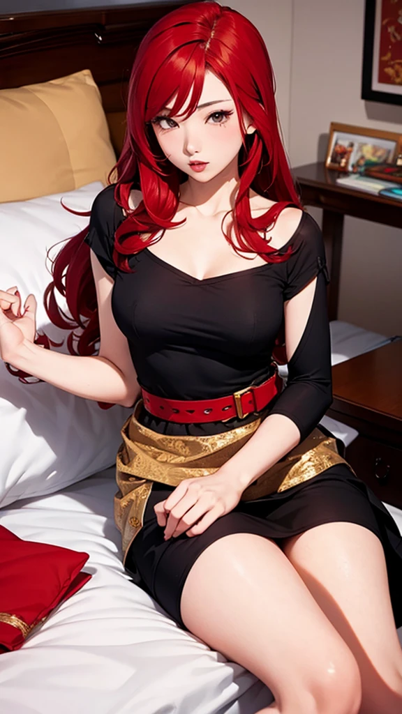 sensual asian woman, アニメ, Higher quality, woman opens her legs, redheadwear, Red hair, lying on her bed, semi new