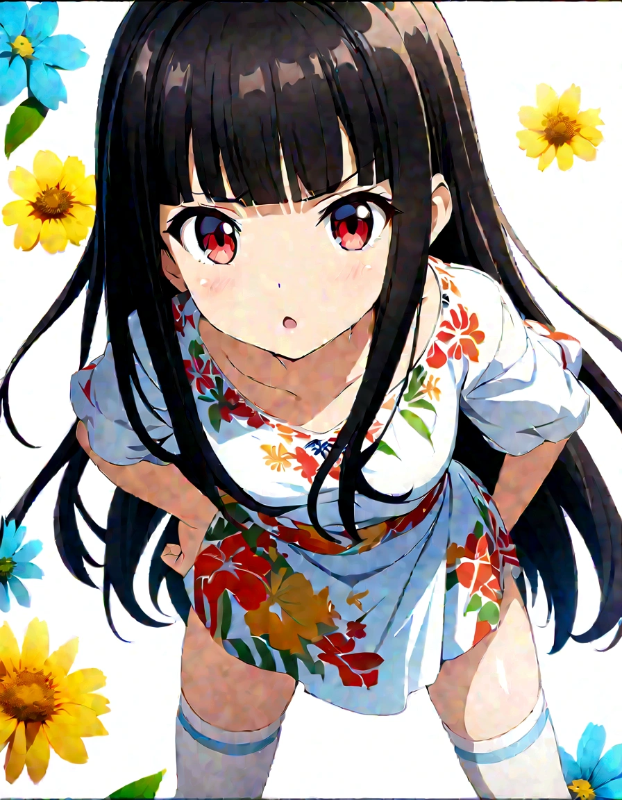 Black Hair、My hair is fluttering in the wind、White background、high school girl、Knee-high socks、Thigh-high socks、Background white、Semi-long hair、whole body、Standing with your legs apart、Red Eyes、Displeased、to point at、Hands on hips、真summer、summer、Sunshine、Spiteful eyes、、Black Hair、blunt bangs、White shirt,1 girl, 2D CG, Advanced digital anime art, anime character