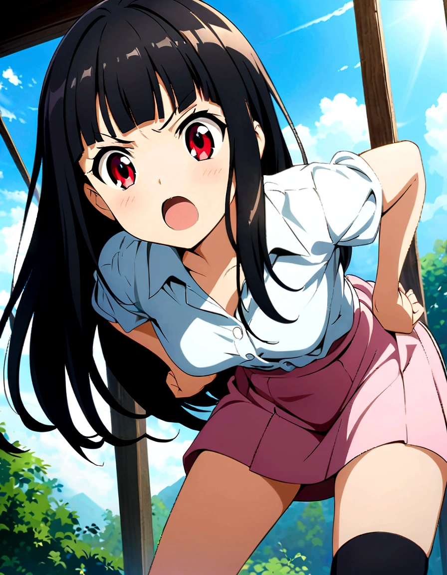 Black Hair、My hair is fluttering in the wind、White background、high school girl、Knee-high socks、Thigh-high socks、Background white、Semi-long hair、whole body、Standing with your legs apart、Red Eyes、Displeased、to point at、Hands on hips、真summer、summer、Sunshine、Spiteful eyes、、Black Hair、blunt bangs、White shirt,1 girl, 2D CG, Advanced digital anime art, anime character