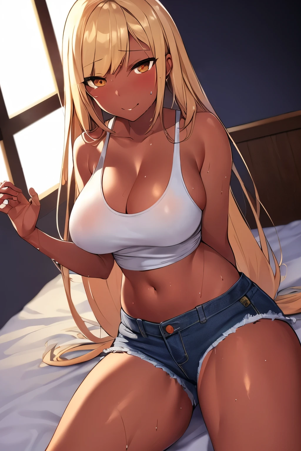 2D, Top quality, (Masterpiece), (Full length), (Glossy blonde hair: 1. 6), Straight long hair, (Brown beauty), (Healthy dark skin), (Tanned), Clavicle, (Denim hot pants), (Tank top), JK, Glowing bare legs, Shank hair, Brown eyes, Attractive thighs, Large breasts Bedroom, On bed, light from window, erotic look, sweaty, wet hair, drop from hair, can in right hand, breathless, bold pose