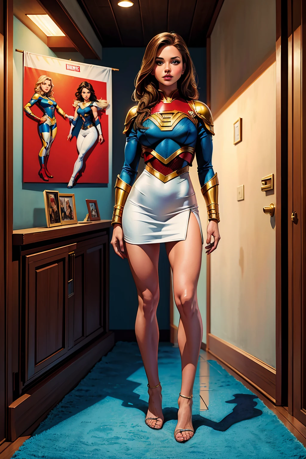 ((Full body photo, standing, feet on the floor))  Storyboard em quadrinhos:1.8, Cartoon tirinhas,tirinha:: Jennifer Lawrence,Selena Gomez(1 mulher) O corpo inteiro de uma loira de 30 anos,Vestido com uma linda roupa de capitão. ,em uma casa futurista, Estilo comics Marvel, hiper HD, Ultra HD 24K