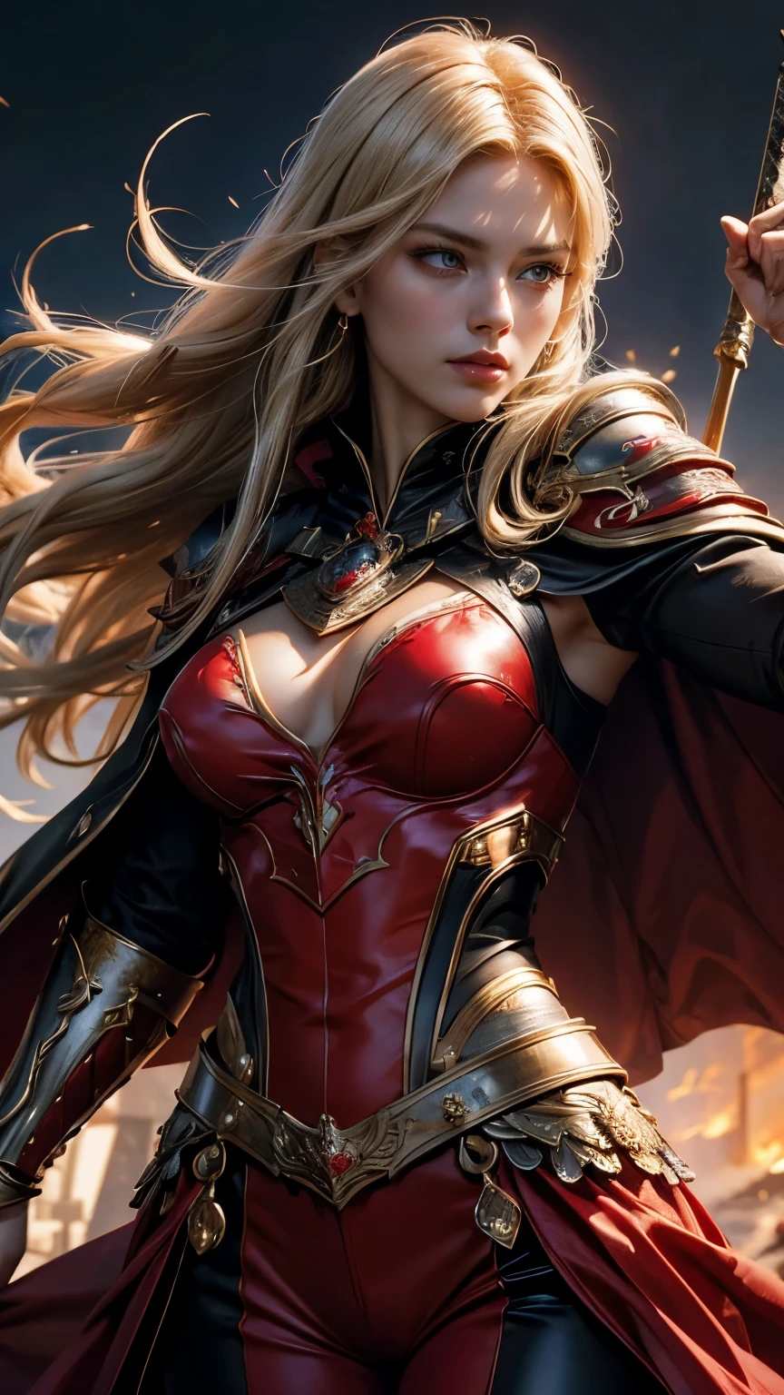 8K,Blonde girl wearing luxurious red, Black and white breastplate, Super Beauty(Like the real thing)Realistic Skin,美しいPrincess Night,blue eyes, Princess Night, ((美しい幻想的なPrincess Night)), Elegant , gorgeous princess paladin, 美しいPrincess Night,Ultra-high resolution,masterpiece,Surreal,Fantasy art,curator art,Cinestill 800,Captivating Gaze,Sexy,Close-up,Sexyな胸鎧,細くMuscularな身体,Battle Scenes,Action Scenes,Action pose,Equipped with a rapier on the waist,Royal coat of arms engraved on the breastplate,red and white luxurious cloak,Fight the enemy,Slender body,Muscular,gorgeous red and black pants(Gold embroidery),Small breasts,Childish appearance,Rugged appearance,