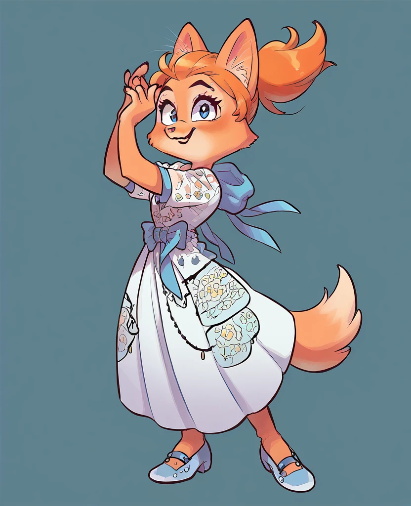 little fox, kid girlfox, yellow hair, ginger fur, blue eyes, cute kid, alone, face similar to Diane Foxington, kid , tied hair, with makeup, and a beautifull white dress with purple details, full body