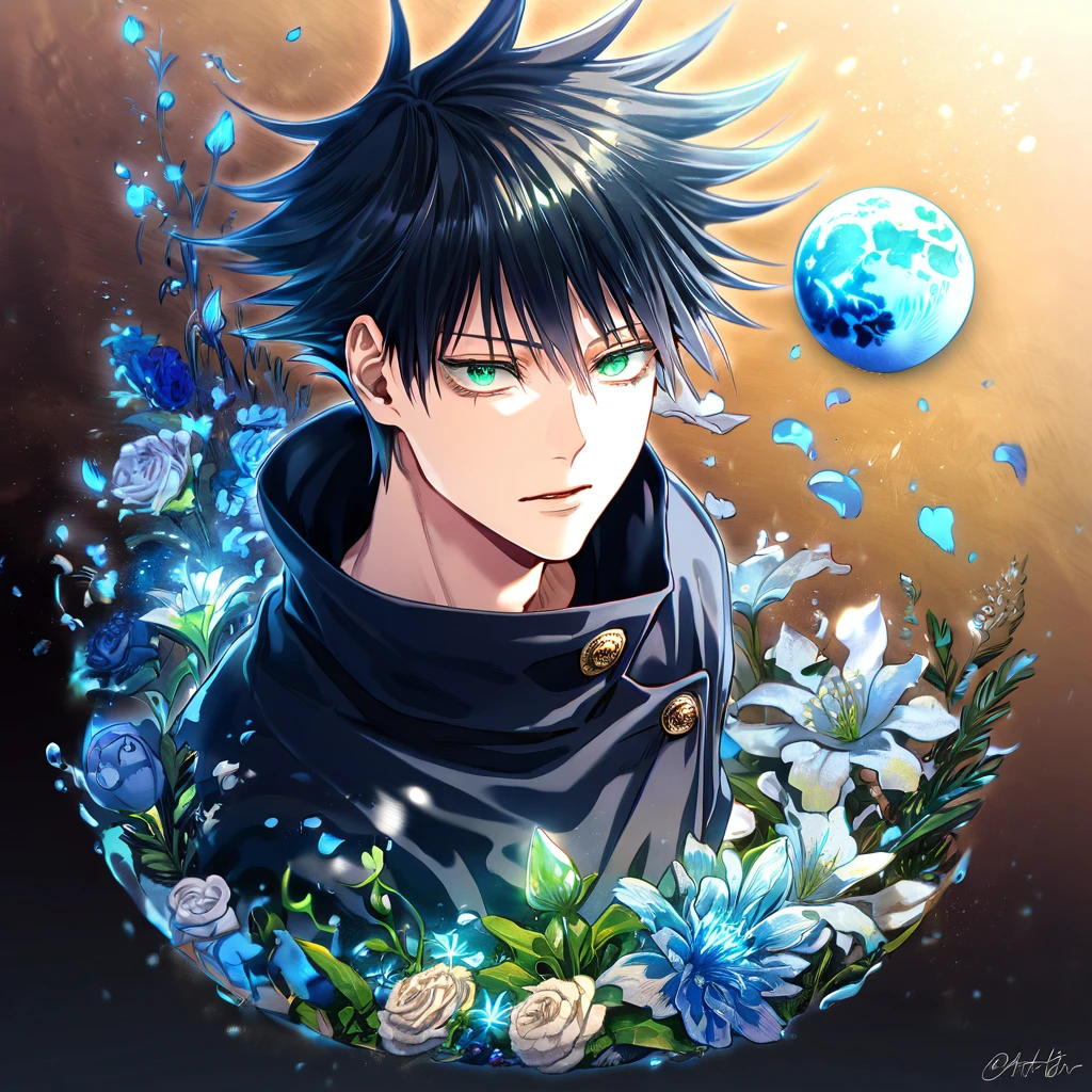 absurdres, highres, ultra detailed, HDR, master piece, Fushiguro Megumi, black hair, expressive green eyes, black shirt, Jujutsu Kaisen, man, handsome, best quality, blue moon, flowers, fantasy, magical, solo, water, blue shining fireflies, blue petals, Jujutsu Kaisen uniform,