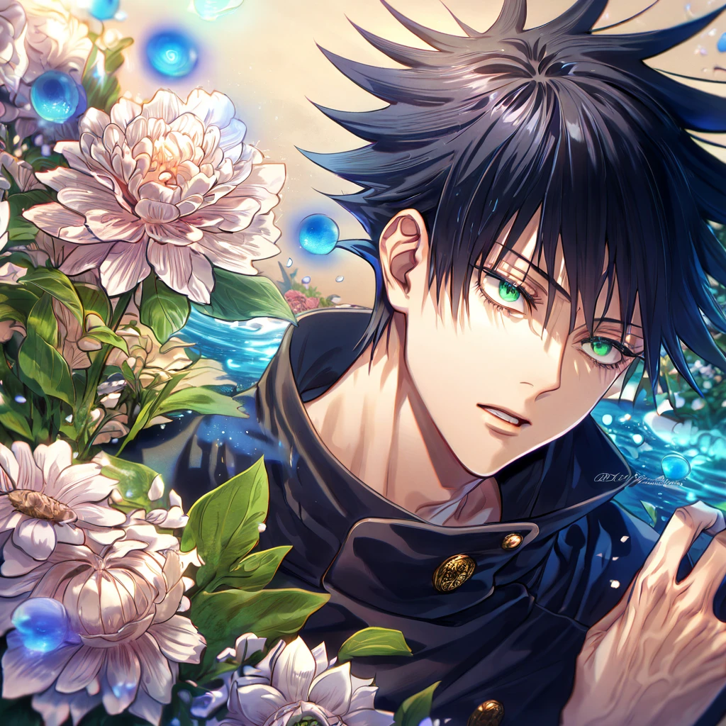 absurdres, highres, ultra detailed, HDR, master piece, Fushiguro Megumi, black hair, expressive green eyes, black shirt, Jujutsu Kaisen, man, handsome, best quality, blue moon, flowers, fantasy, magical, solo, water, blue shining fireflies, blue petals, Jujutsu Kaisen uniform,