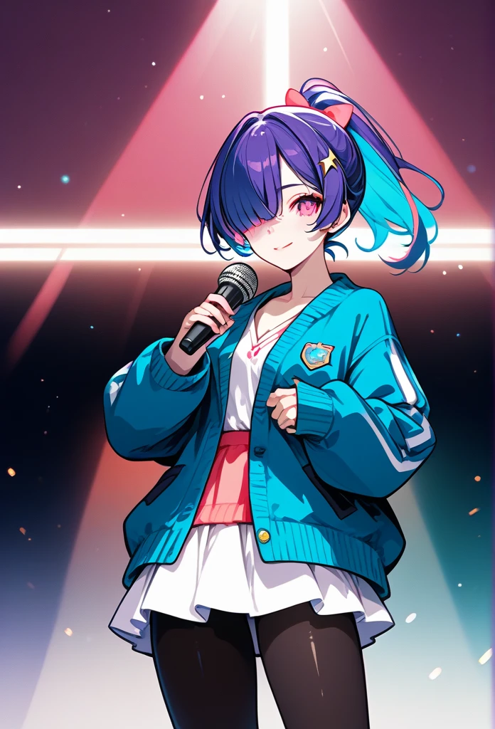 mature woman, mature face, pink eyes, shy expression, shy face, nervous smile, glossy lips, ponytail hair, (blue hair color, pink gradient hair color, azure color hair), bangs covering left eye, left blinding bangs hairstyle, mature body, small breasts, dark blue cardigan, short skirt, navy color skirt, pantyhose, idol, stage, holding microphone, (idol pose)
