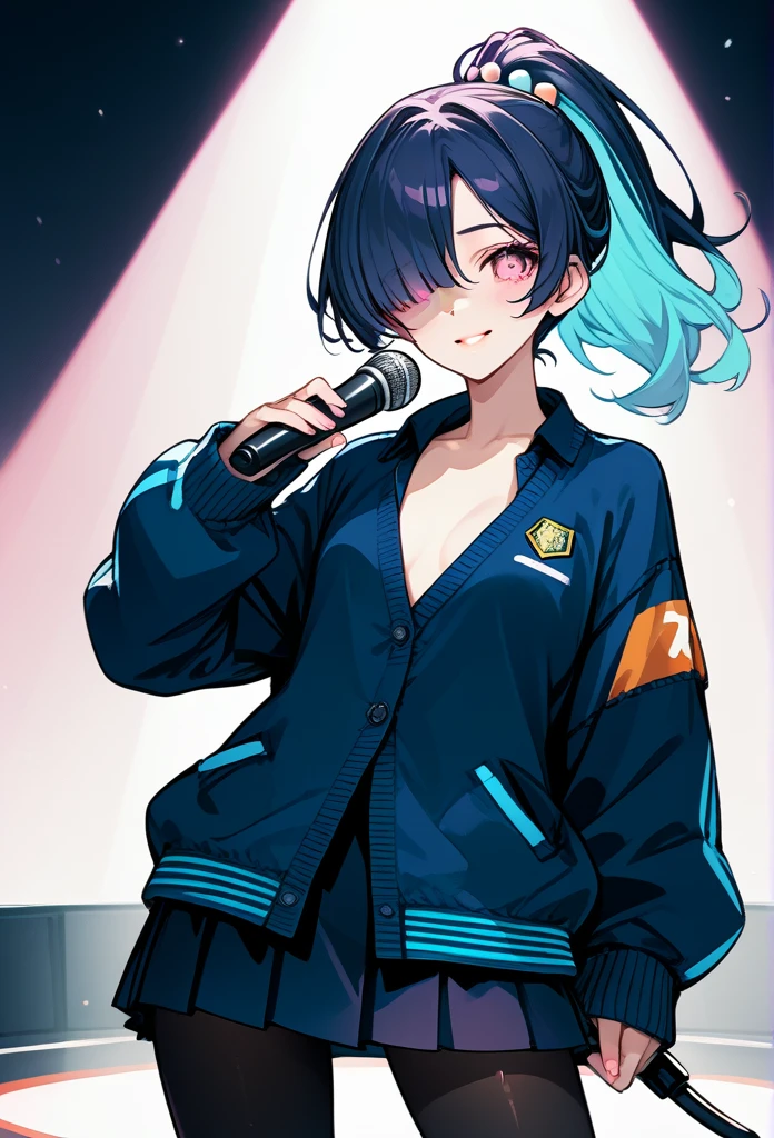 mature woman, mature face, pink eyes, shy expression, shy face, nervous smile, glossy lips, ponytail hair, (blue hair color, pink gradient hair color, azure color hair), bangs covering left eye, left blinding bangs hairstyle, mature body, small breasts, dark blue cardigan, short skirt, navy color skirt, pantyhose, idol, stage, holding microphone, (idol pose)