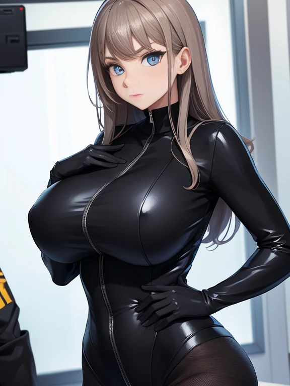 girl, With big breasts, with black spy suit, by white, blue eyes.